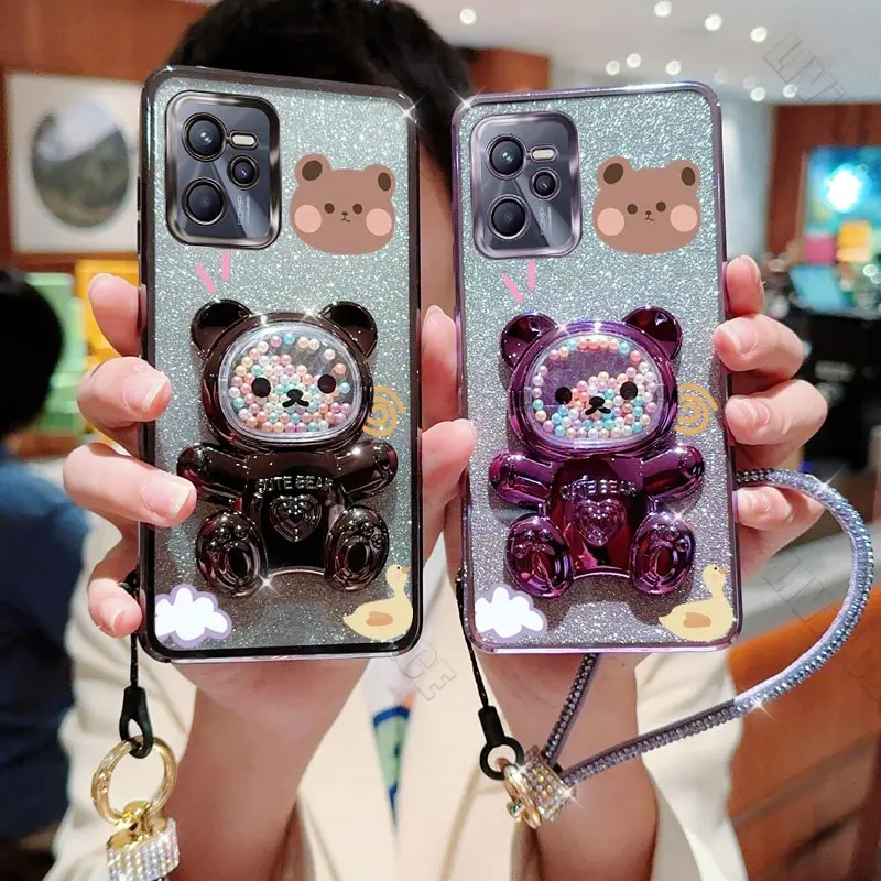 Diamond Strap Bear Phone Holder Case On For Oppo Realme 5 5i 5s 6i 7i 8 9 10 11 V5 V11 V13 V25 Q3 GT Pro Plus 4G 5G Stand Cover