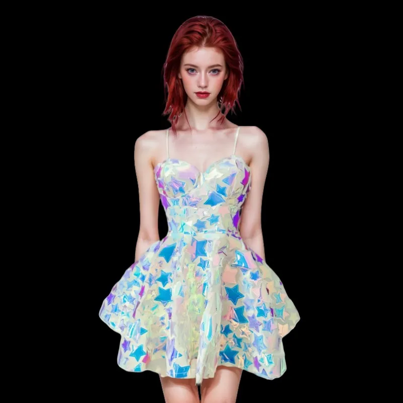 

Women Party Celebrity Birthday Short Dress Sexy Sling Laser Club Dress for Singer Dance Team Concert Stage Performance Costume