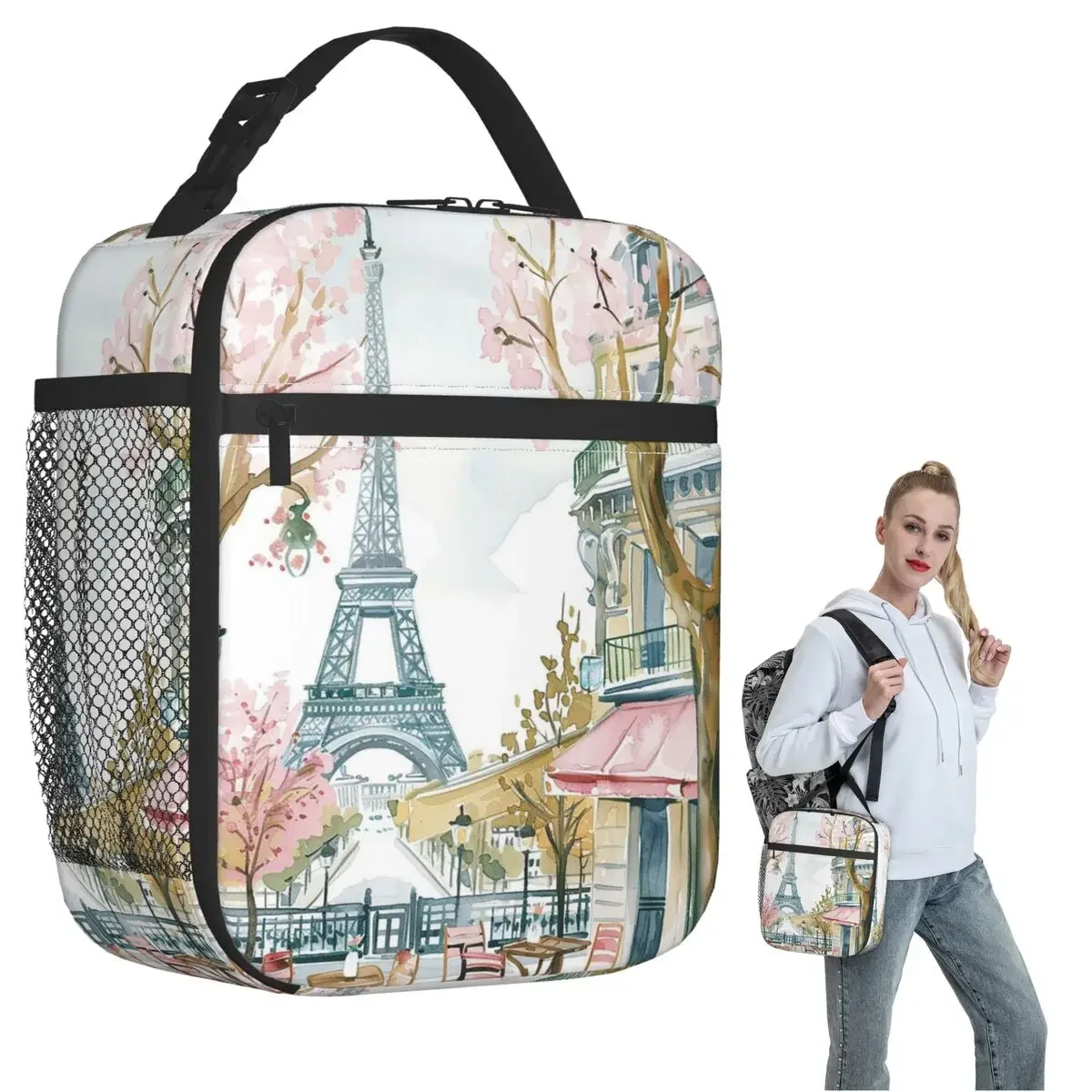Eiffel Tower And Cherry Blossoms Design Insulated Lunch Bag for Women Children Portable Food Boxes Thermal Lunch Box Tote