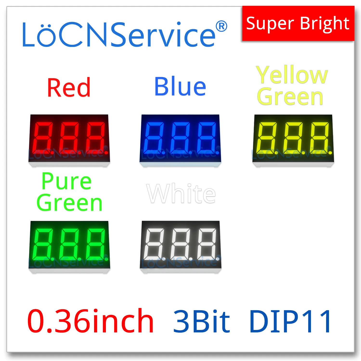 LoCNService 30PCS 0.36Inch Digital Tube LED Display 3 Bit Red Yellow Green Blue White Common Anode / Cathode 7 Segment 0.36 inch