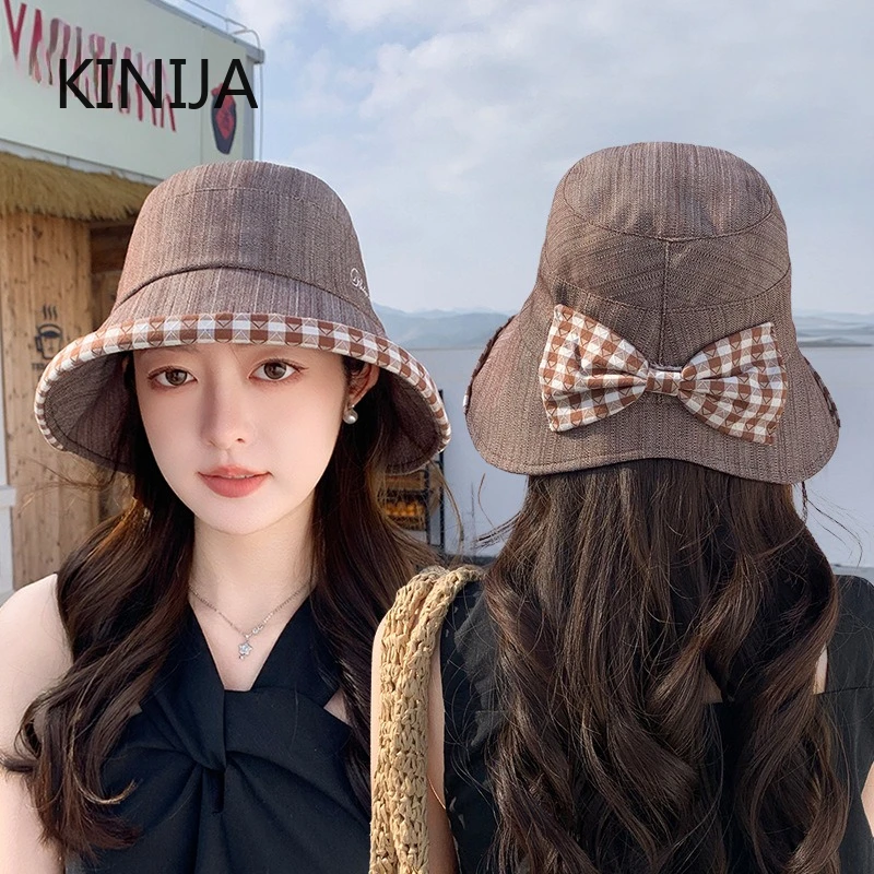 Koreanischer Modischer Künstlerischer Karierter Schleifenförmiger Fischerhut mit Breiter Krempe für Sommerlichen Outdoor-Sonnenschutz Bucket Cap