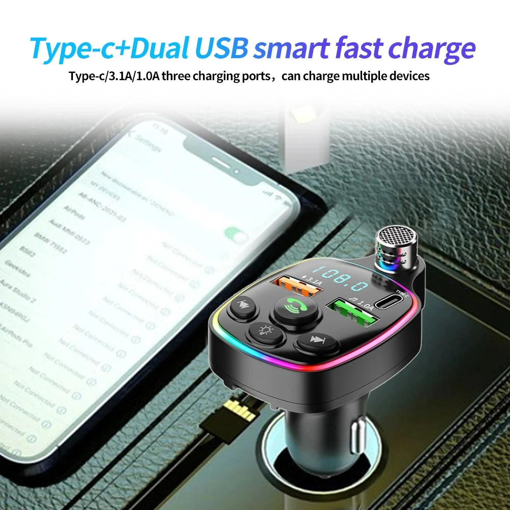 Car Bluetooth 5.0 Charger Q11 FM Transmitter Dual USB 3.1A PD 20W Colorful Ambient Light Cigarette Lighter MP3 Music Player