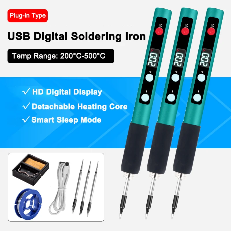 Portable Mini USB Type-C Digital Soldering Iron Pen Kit LCD Display Adjustable Temperature 200-500℃ for Electronics Repair DIY