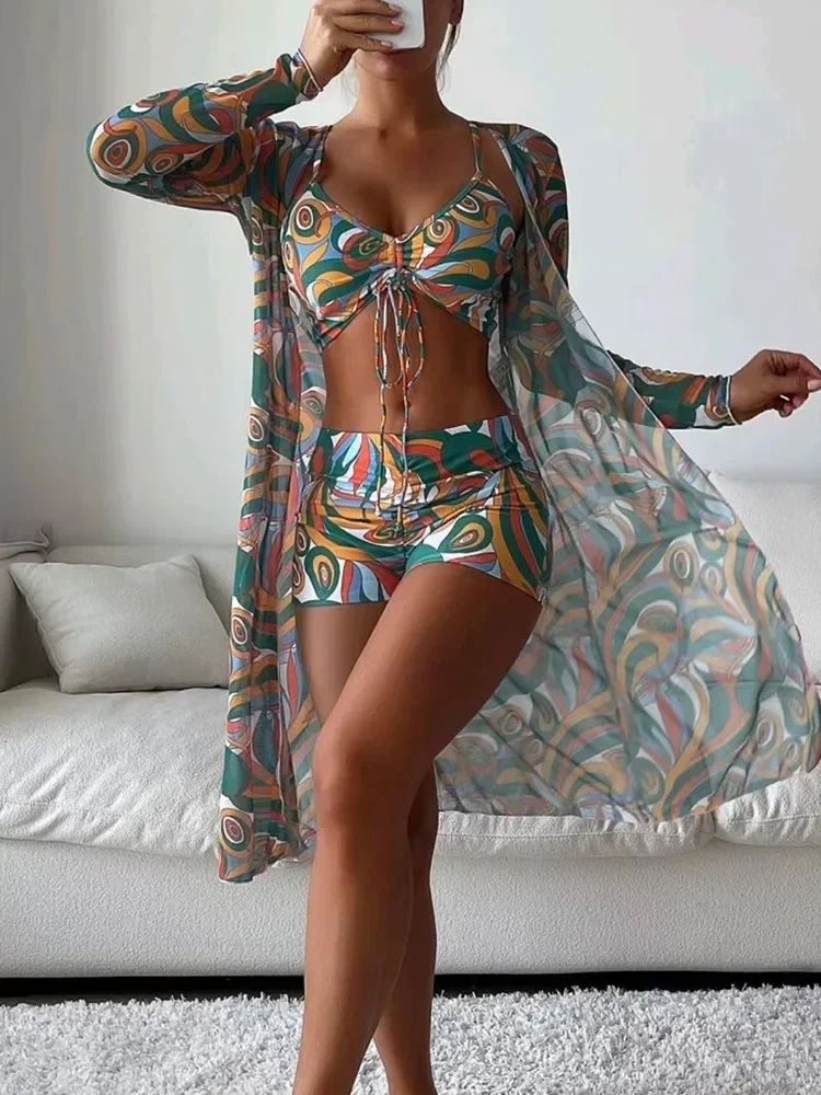 2024 New Tropical Print Bikini 3pack coulisse increspato Cover Up costume da bagno donna manica lunga costumi da bagno Beach Wear costume da bagno