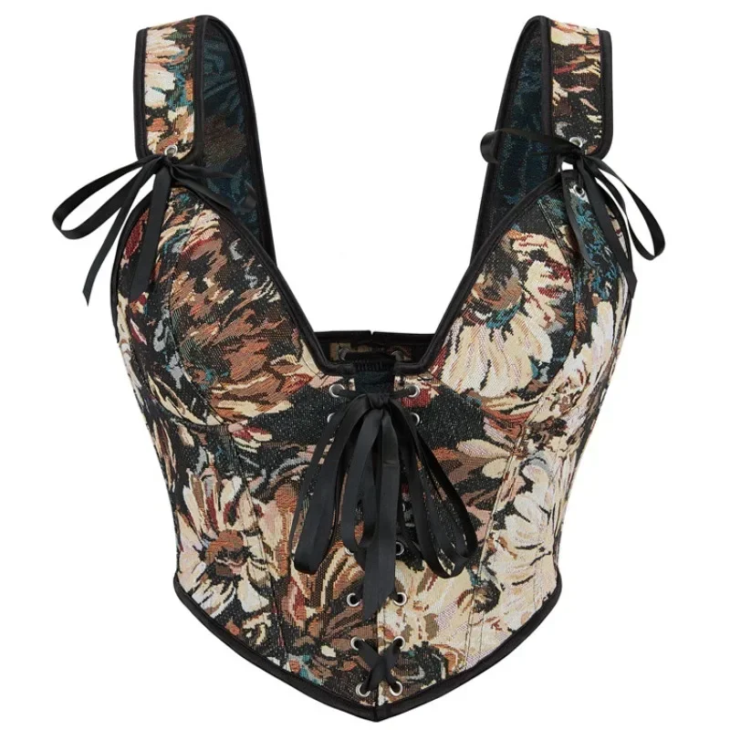 

Корсетные топы в стиле ретро в стиле Ренессанс, сексуальный корсет с цветочным принтом, бюстье, укороченный топ, майка на шнуровке, камзол для женщин, наряд на выход