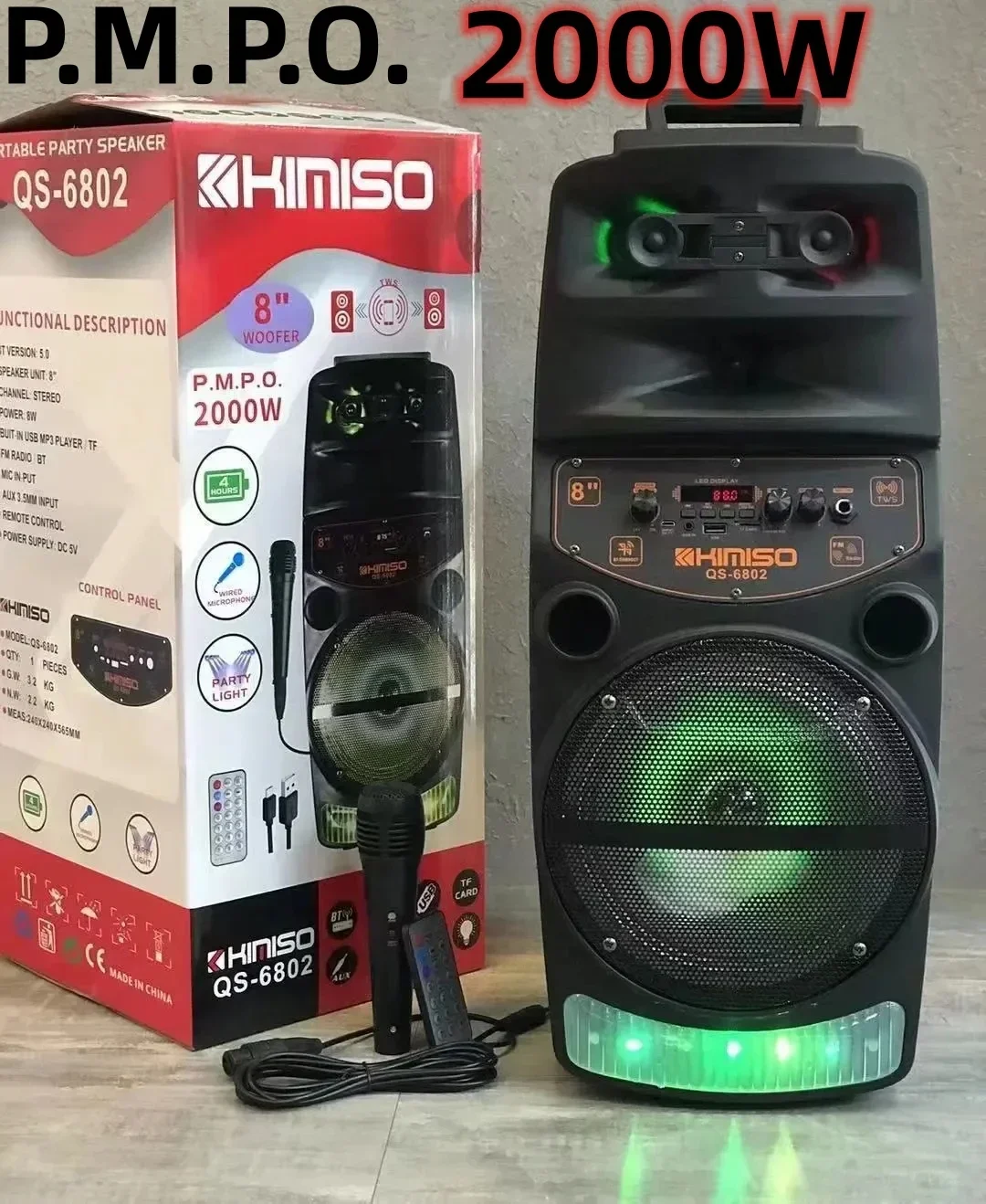 KIMISO QS-6802 8-inch 2000W peak outdoor portable wireless Bluetooth speaker karaoke DJ speaker system caixa de som bluetooth