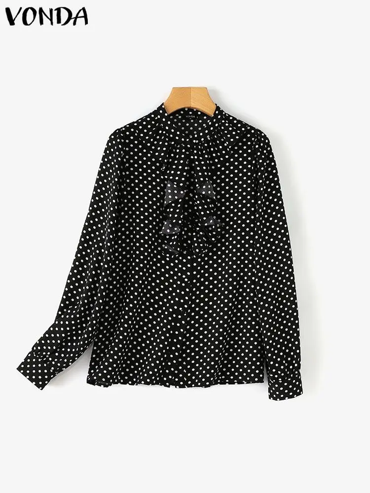 VONDA Plus Size 5XL Women Fashion Long Sleeve Shirts 2024 Polka Dot Ruffle Blouse Elegant Stand Up Collar Shirt Printed Tops