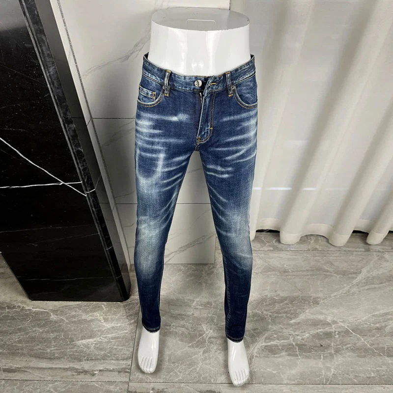 

Designer High Street Fashion Men's Blue Jeans Ripple Retro Elastic Tight Jeans Men's Colorful Hip Hop Brand Pants Hombre