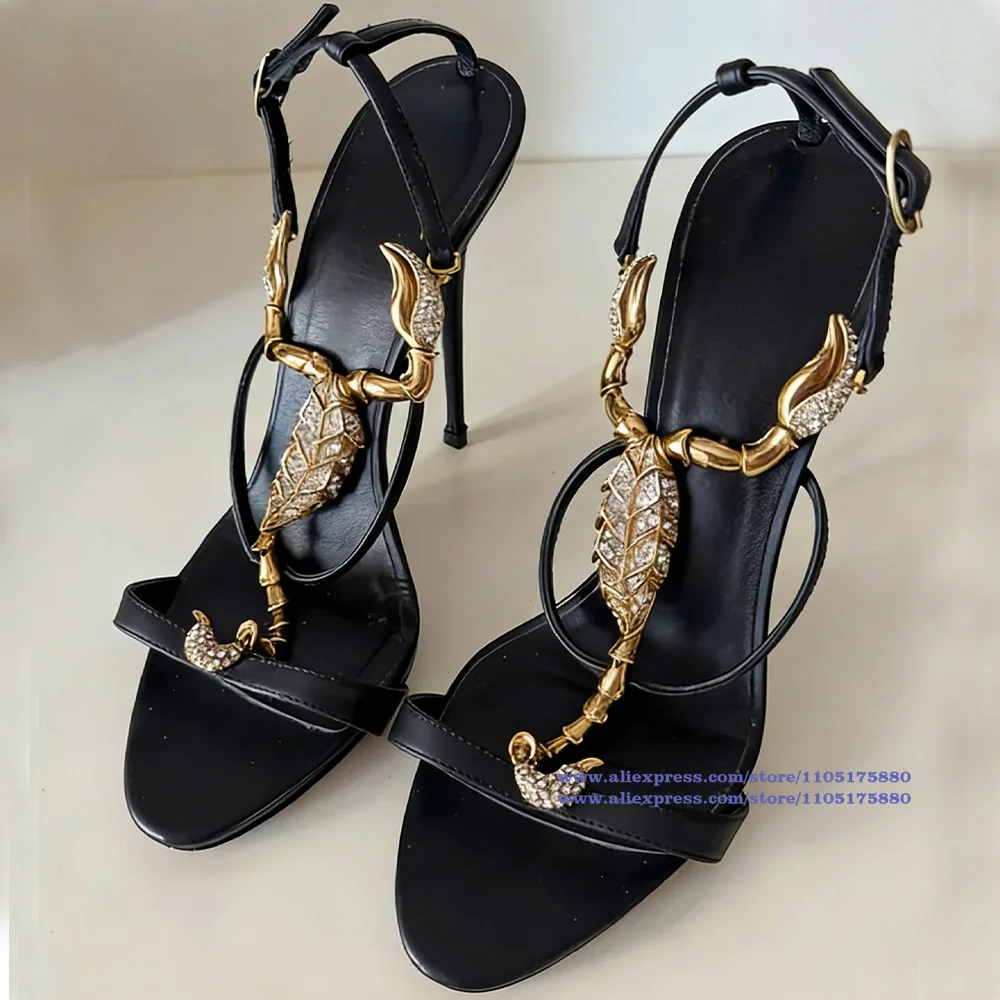 Gold Scorpion T-Strap Sandals Round Toe Stiletto Heels Women's High Heels Elegant Party Dress Shoes Sandalias De Mujer Verano view 6