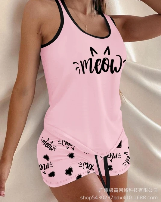 Women's Summer Casual Pajama Two-piece Home Clothing Graphics Print Sleeveless Vest Top and Drawstring High Waisted Shorts Set