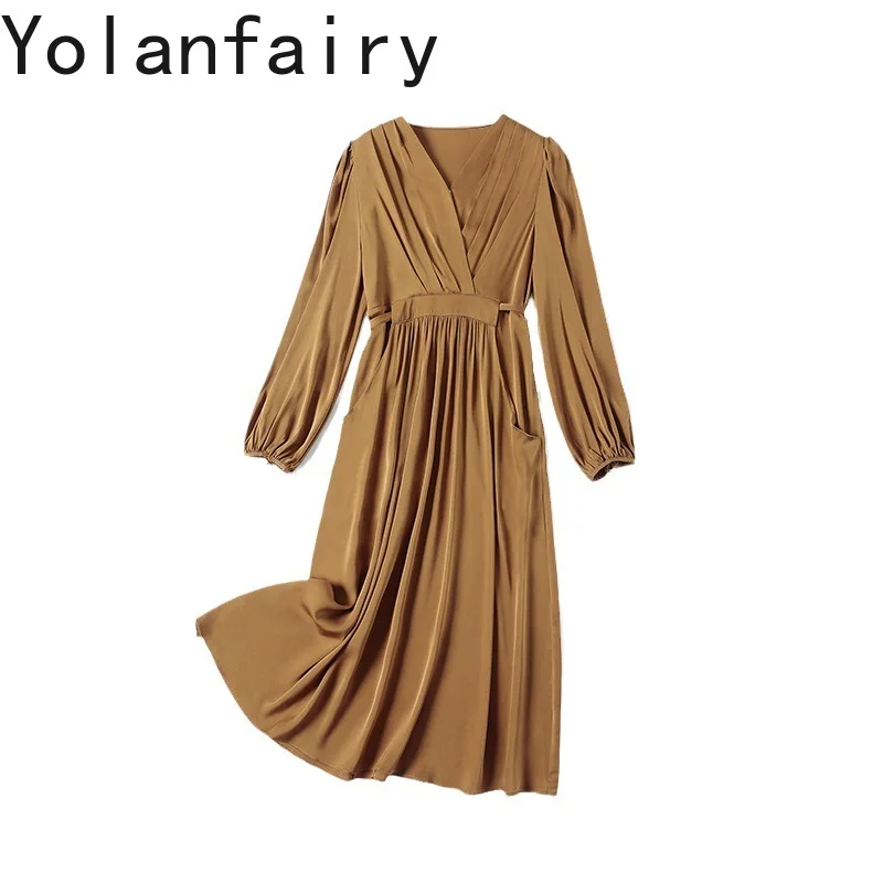 

YOLANFAIRY 92.3%Mulberry Silk Ladies Dresses 2025 Elegant Spring Summer Long Sleeve Dresses Woman 19mm Real Silk Brown Dress 여름옷