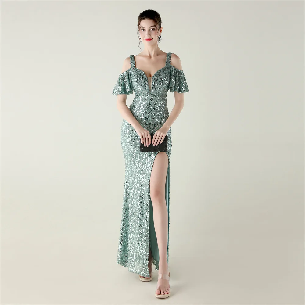 Sexy Elegant Blue Summer Women Sequin Cocktail Prom Evening Dresses Off Shoulder Maxi Bodycon High Slit Sexy Slit Fishtail Dress