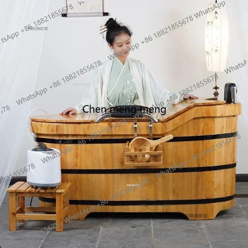 Portable Bathtubs Wooden Barrel Sweat Steaming with Cover Full Body Adult Bath Barrel Adult Home Beauty Salon Bath Tub