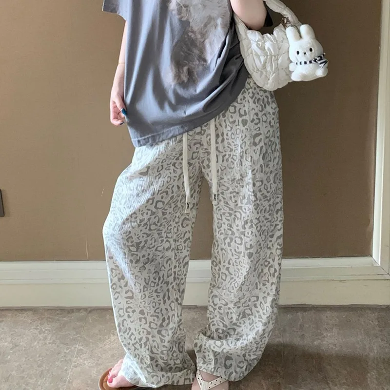 White Leopard Print Meat-covering Trousers Texture Wear Loose Pants Women's Lazy Design Pants Korean Pants