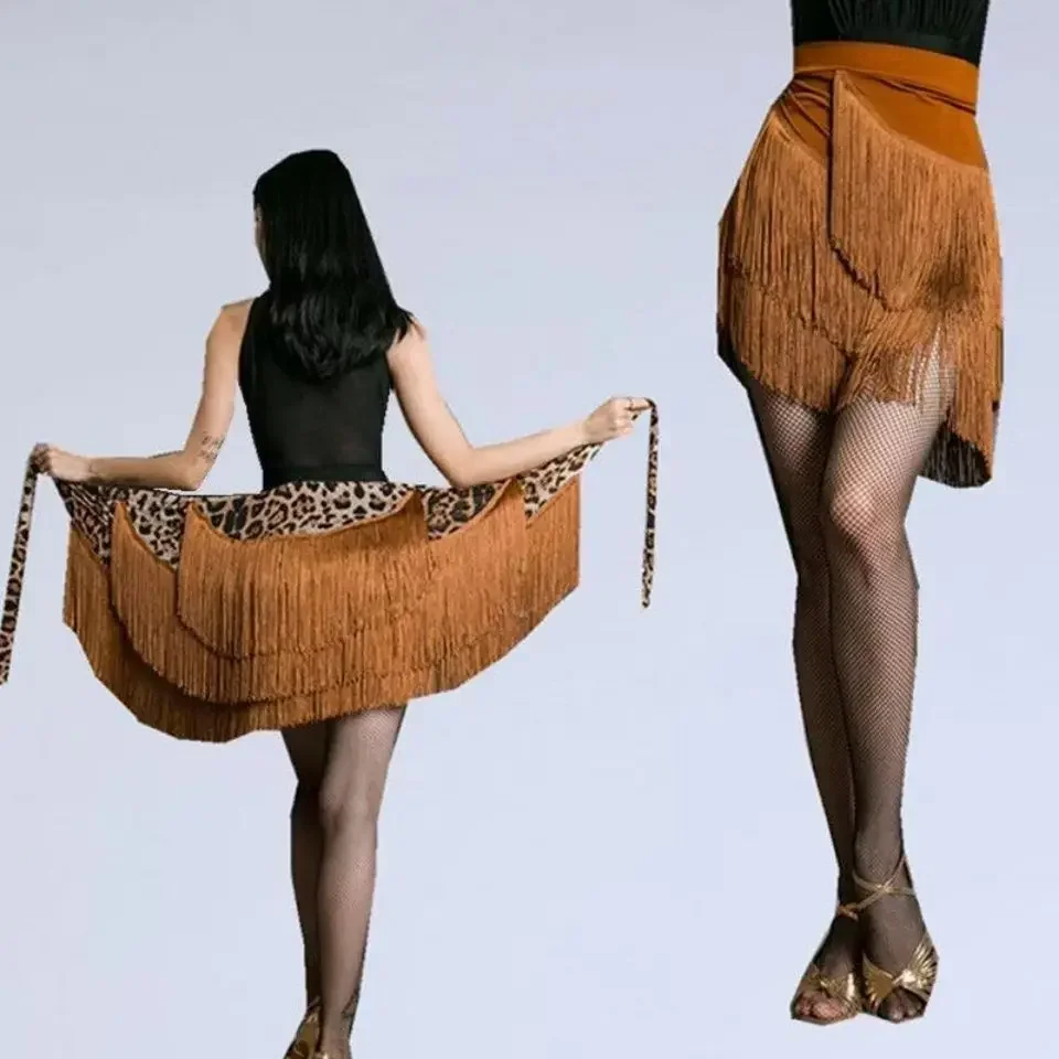 Spódnica do tańca latynoamerykańskiego Leopard Print dla kobiet Glitter Twinkle Fringe Wrap Skirt for Satge Performance Ballroom Costume Rave Party