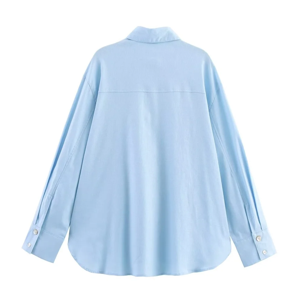 Camisa feminina de decoração de botão de emenda de cor sólida com gola e manga comprida verão nova camisa casual versátil