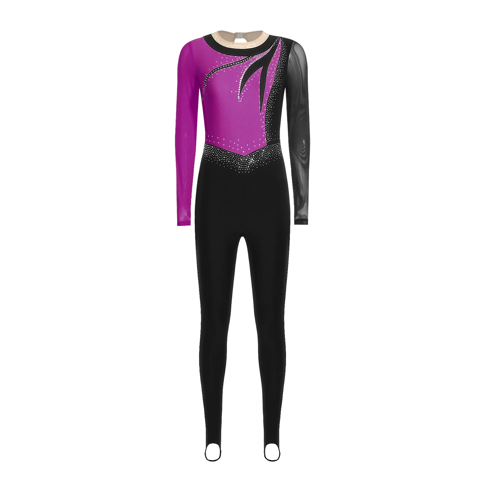 Damen-Gymnastik-Trikots mit glänzenden Strasssteinen, langärmelig, Netzstoff, für Ballett, Tanz, Eiskunstlauf, Akrobatik, Trainingsoverall