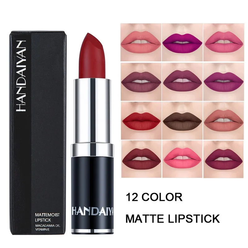 HANDAIYAN 12 Color Velvet Matte Lipstick Sexy Red Pink Lip Tint Non-stick Cup Lip Gloss Moisturizing High Pigment Lips Cosmetics