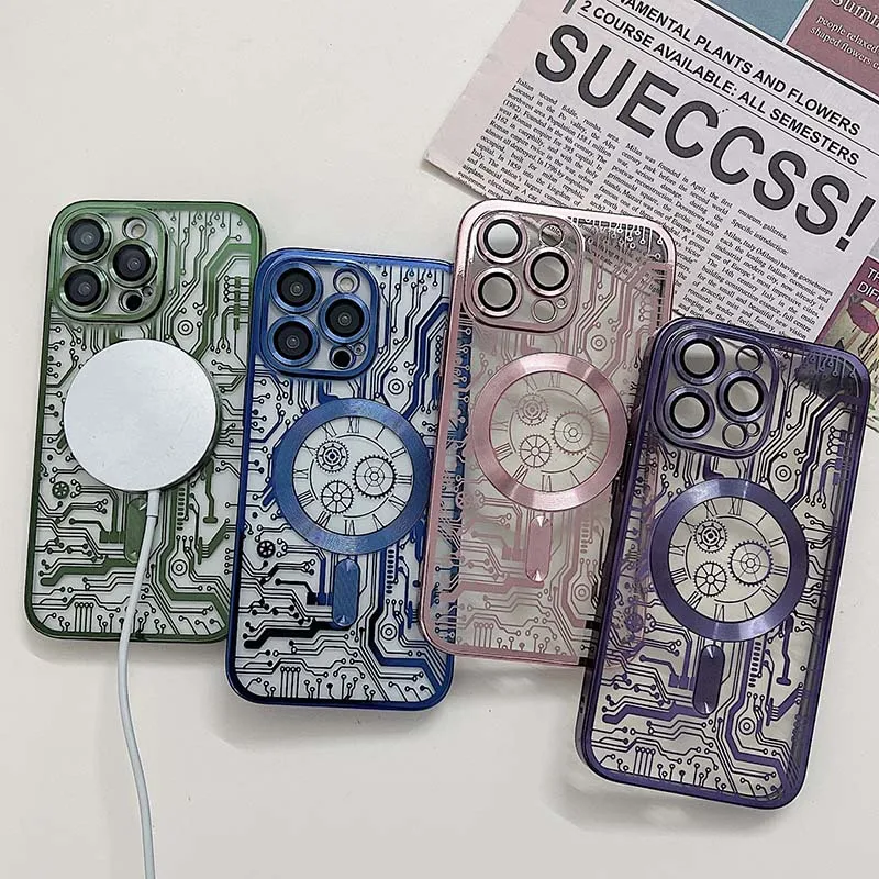 14Pro Mechanical Clock Pattern Magnetic Case For IPhone 15 Pro Max 14 13 12 11 Pro 14 15 Plus Equipped With Lens Film Back Cover