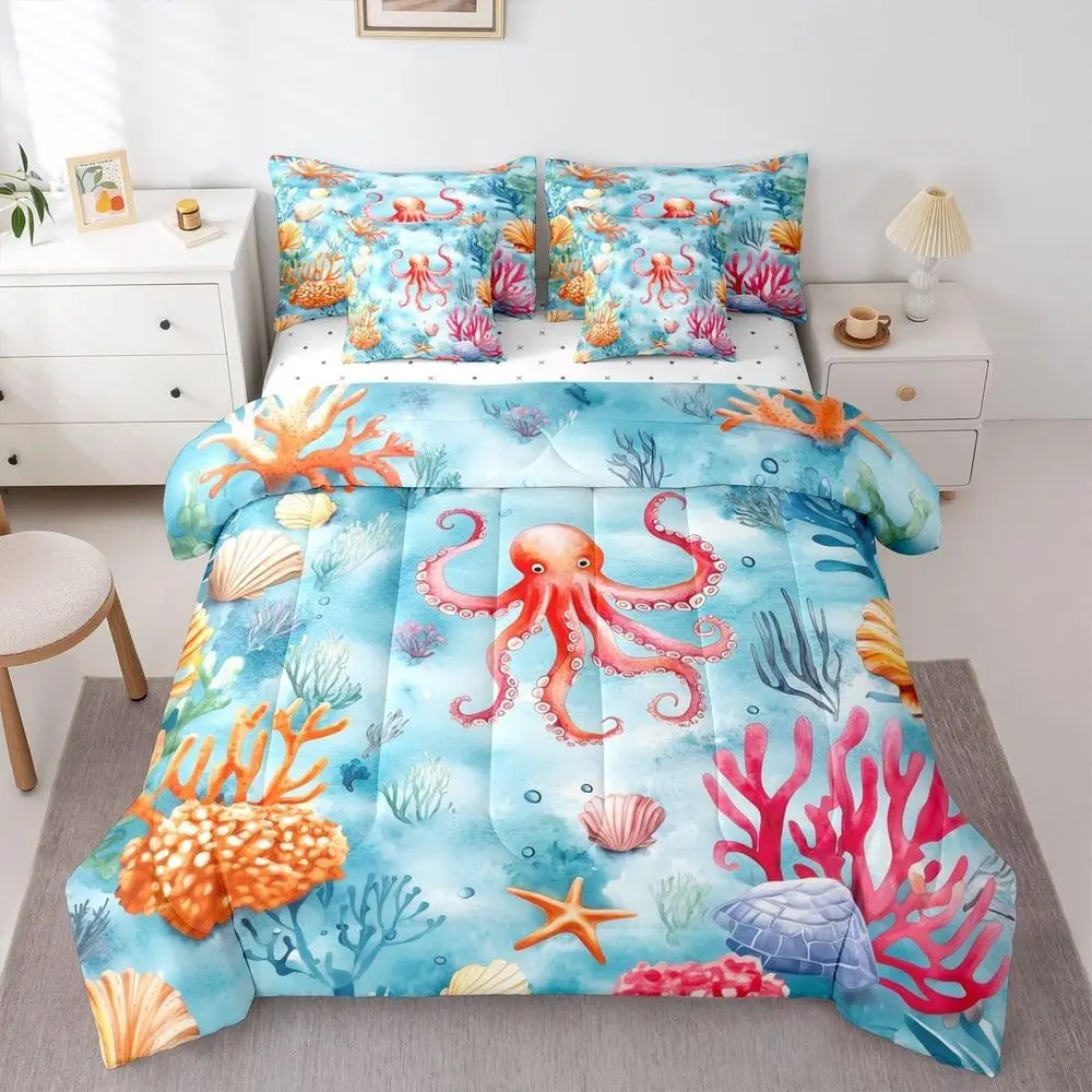 

7-Piece Ocean-Themed Bedding Set with King Comforter and Sea Creatures Shells Bed-in-a-Bag for Kids