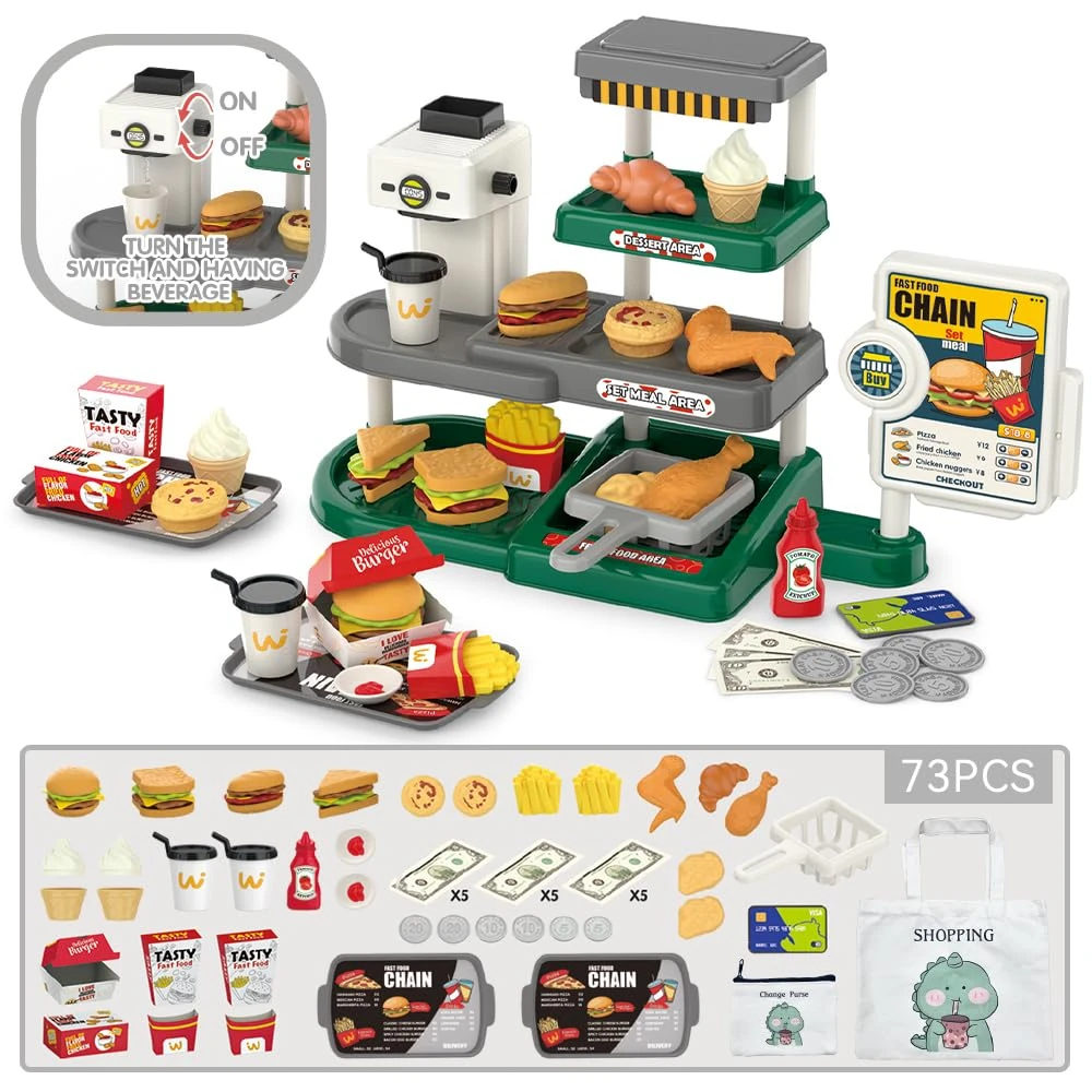 WizKidz Conjunto de comida para crianças com hambúrgueres, batatas fritas, asas de frango, caixa registradora e dispensador de água para diversão sem fim, meninos e meninas