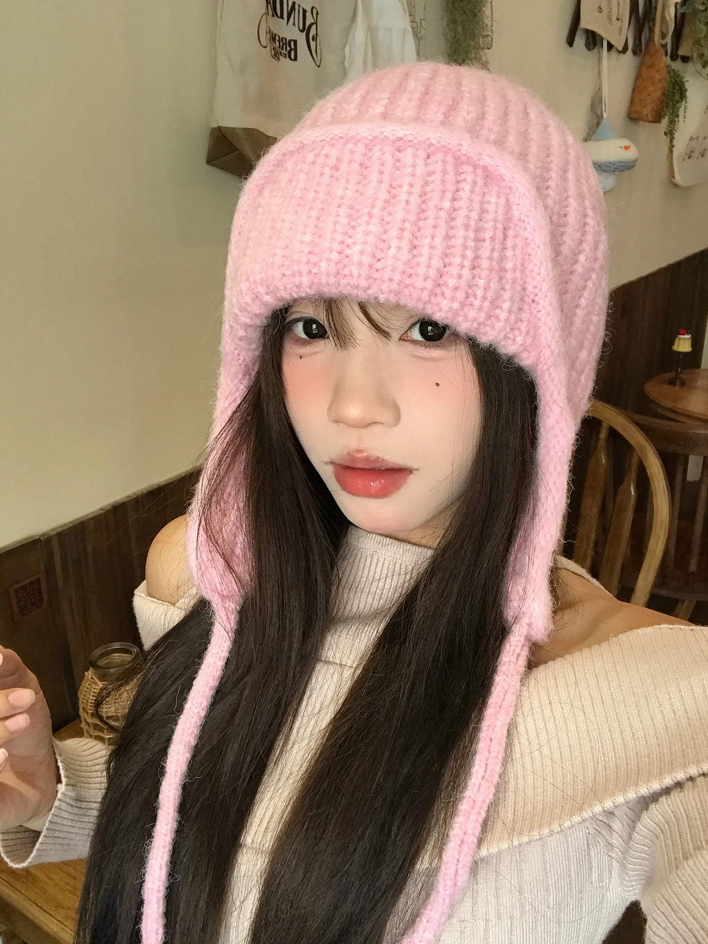 Pink Knitted Woolen Hat Women's Winter Ear Protection Flying Cap Warm Versatile Face Slimming Skiing Leifeng Cap Casual Style