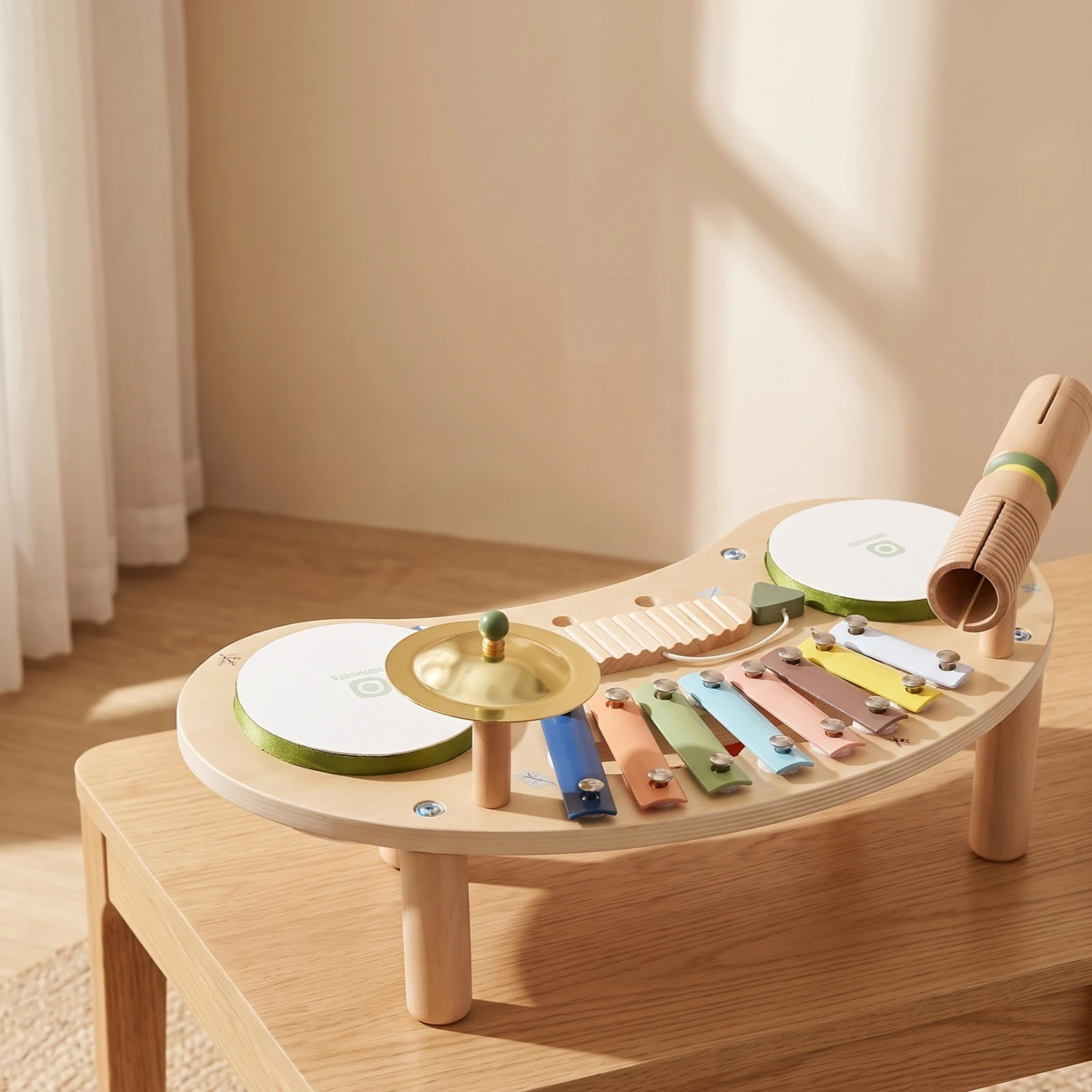 Children's Music Activity Table Natural Wood Percussion Set Instrument Sensory Toy Multi-Functional for Toddlers, Playroom