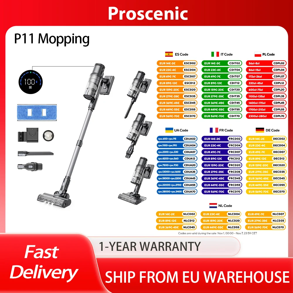 Aspirateur sans fil Proscenic P11, aspiration 35Kpa, poubelle 0,65L, systme de Filtration en 5 tapes, batterie 2000Mah