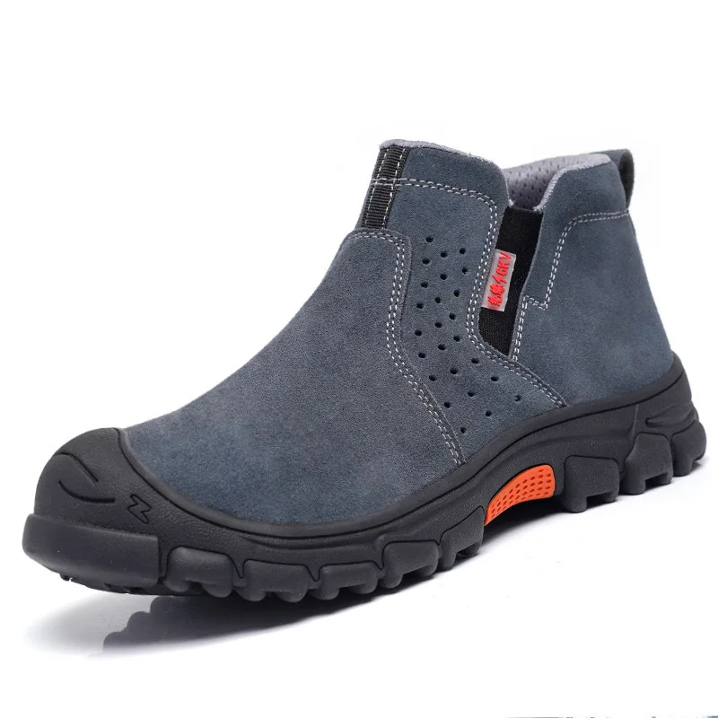 

men's fashion steel toe caps working safety boots cow suede leather welding shoes slip-on summer security ankle botas protection