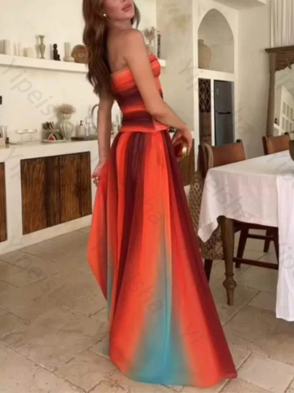 Customized 2026 Gradient Tie-dye Evening Dresses Strapless Cut-out Summer Prom Dress Sexy Hollow Out A-line Party Gown