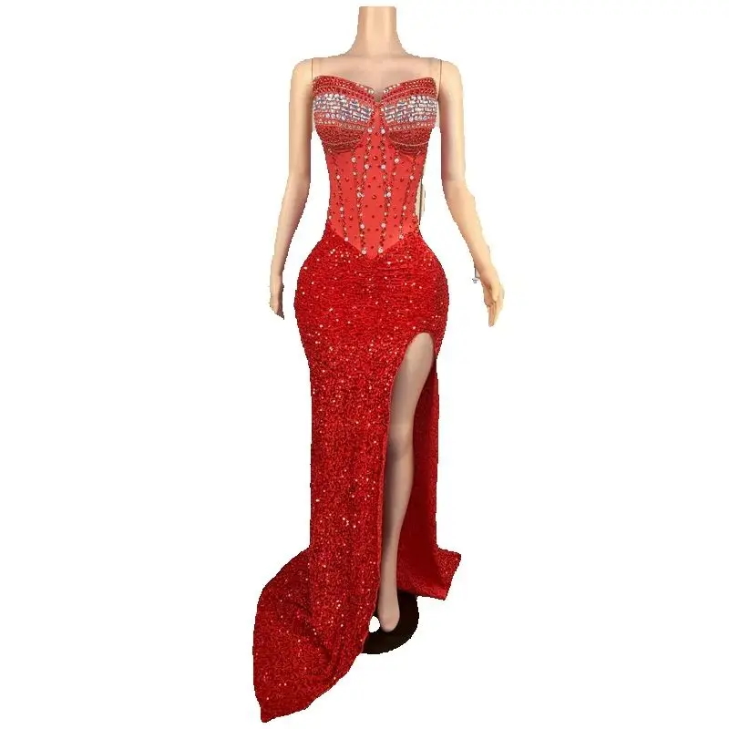 Red Sequins Rhinestones Celebrate Dress Women Singer Party Trailing Dresses Wedding Evening Gown Stage Catwalk Costume XS9530