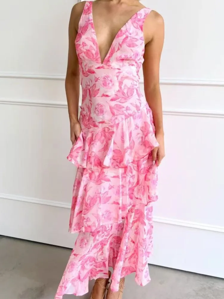 Abiti lunghi eleganti con volant Sexy scollo a V profondo Donna Stampa floreale Boho Beach Vacation Abito da festa casual Nuovi abiti Para Mujer