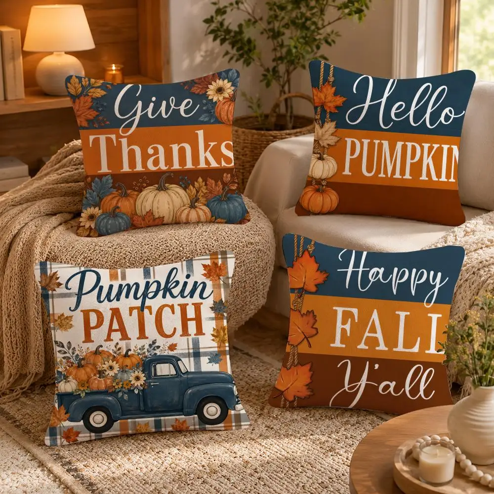 Happy Fall Yall Farm Pumpkins Cushion Cover Soft Short Plush Pillow Case Double Sided Print Washable Sofa Bed Home Decor Gift