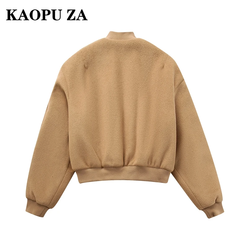 KAOPU ZA 2024 New Autumn/Winter Woman's Casual zipper Pockets Jacket Top Female Vintage V-Collar Solid Color Long Sleeve Coat