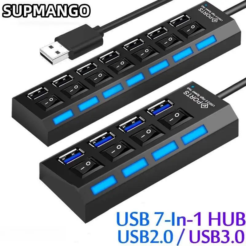 USB 2.0 Hub Multi USB Splitter Hub Use Power Adapter 4Port Multiple Expander USB Hub With Switch 30CM Cable