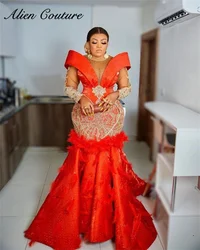Luxury Red Mermaid Evening Dresses Long Sleeves Bead Diamonds Gowns With Feathers Birthday Dress Formal Occasion Customized