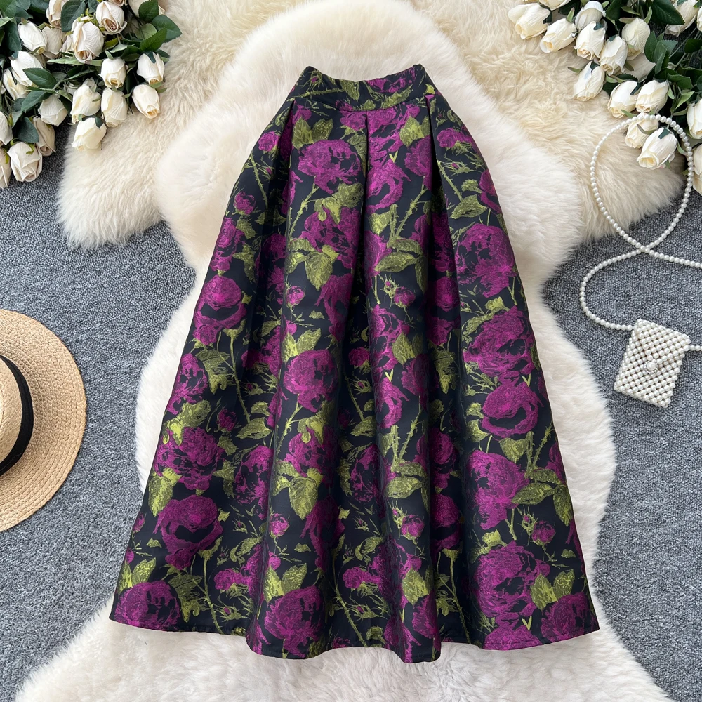 Clothland Damska Spódnica w Kwiaty z Elastyczną Gumką w Pasie, Krój A, Europejski Styl, Elegancka, Długość Midi do Połowy Łydki, Retro, Model BA357