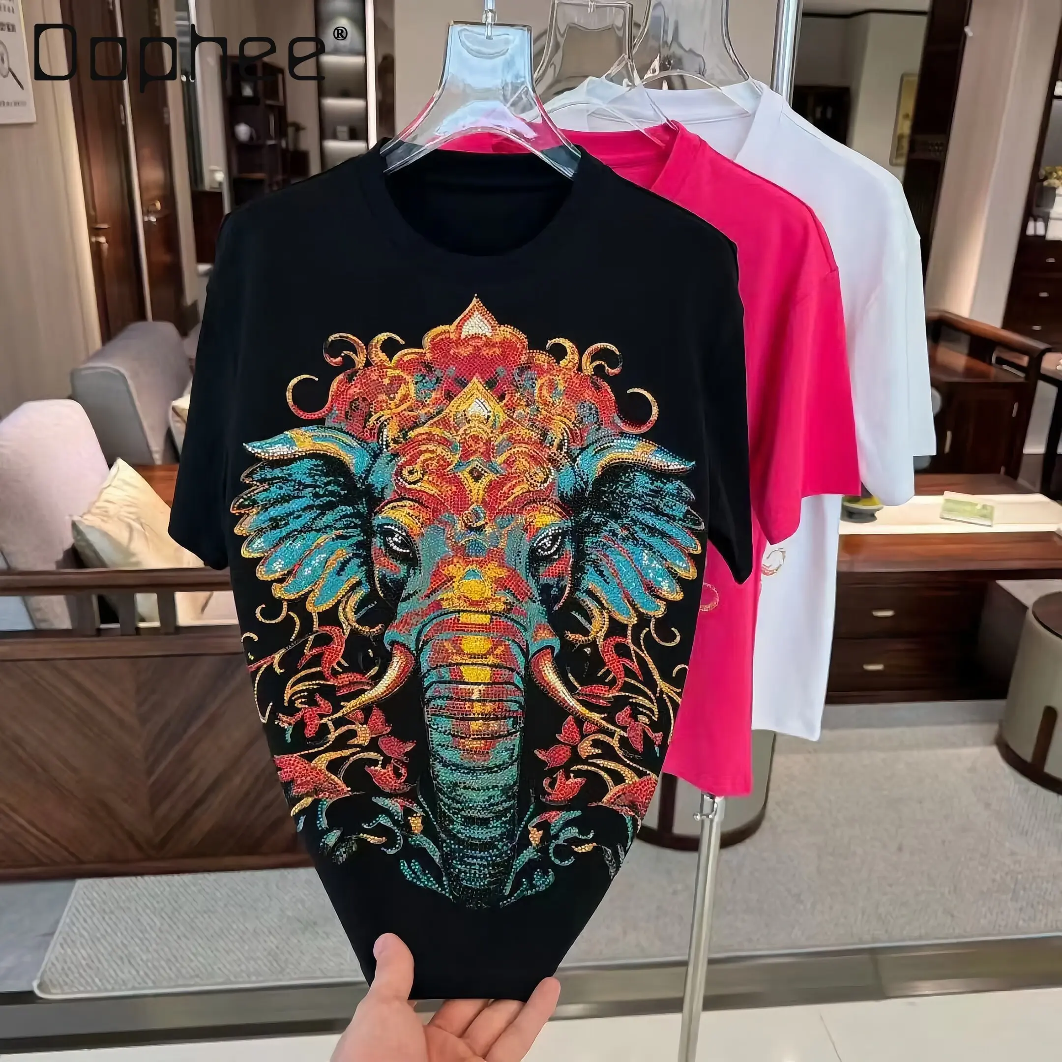 2026 Summer New Fashion Versatile Casual Men's Elephant Hot Diamond Black Pink White Loose Round Neck Short Sleeve T-Shirt