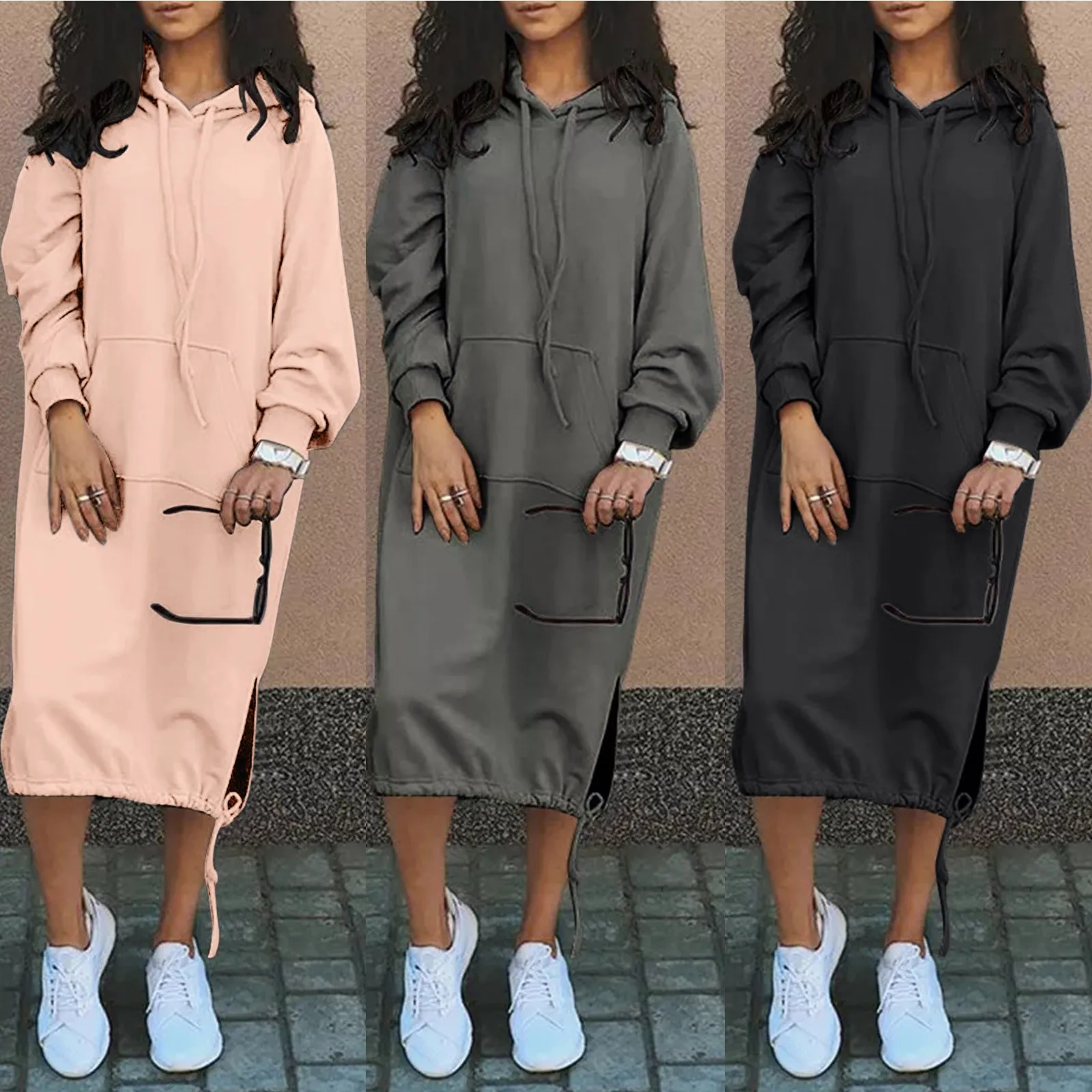 Plus Size Long Hooded Sweatshirts Dress Women Casual Solid Long Sleeve Maxi Dresses Winter Clothes Warmer Vestidos Robe Femme