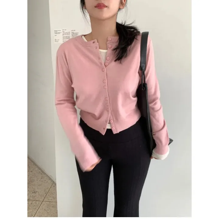 Korean Style round Neck Button up Knitted Cardigan Simple Design Long Sleeve Soft Fabric Breathable Women's Autumn Fashion