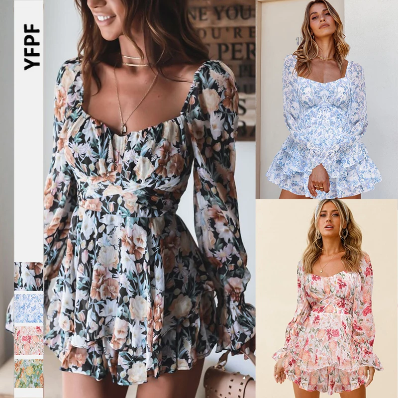 

Summer Jumpsuits Beige Floral Print Chiffon Rompers Ruffles Long Sleeveles backless Vintage Boho Women Playsuits Party Playsuit