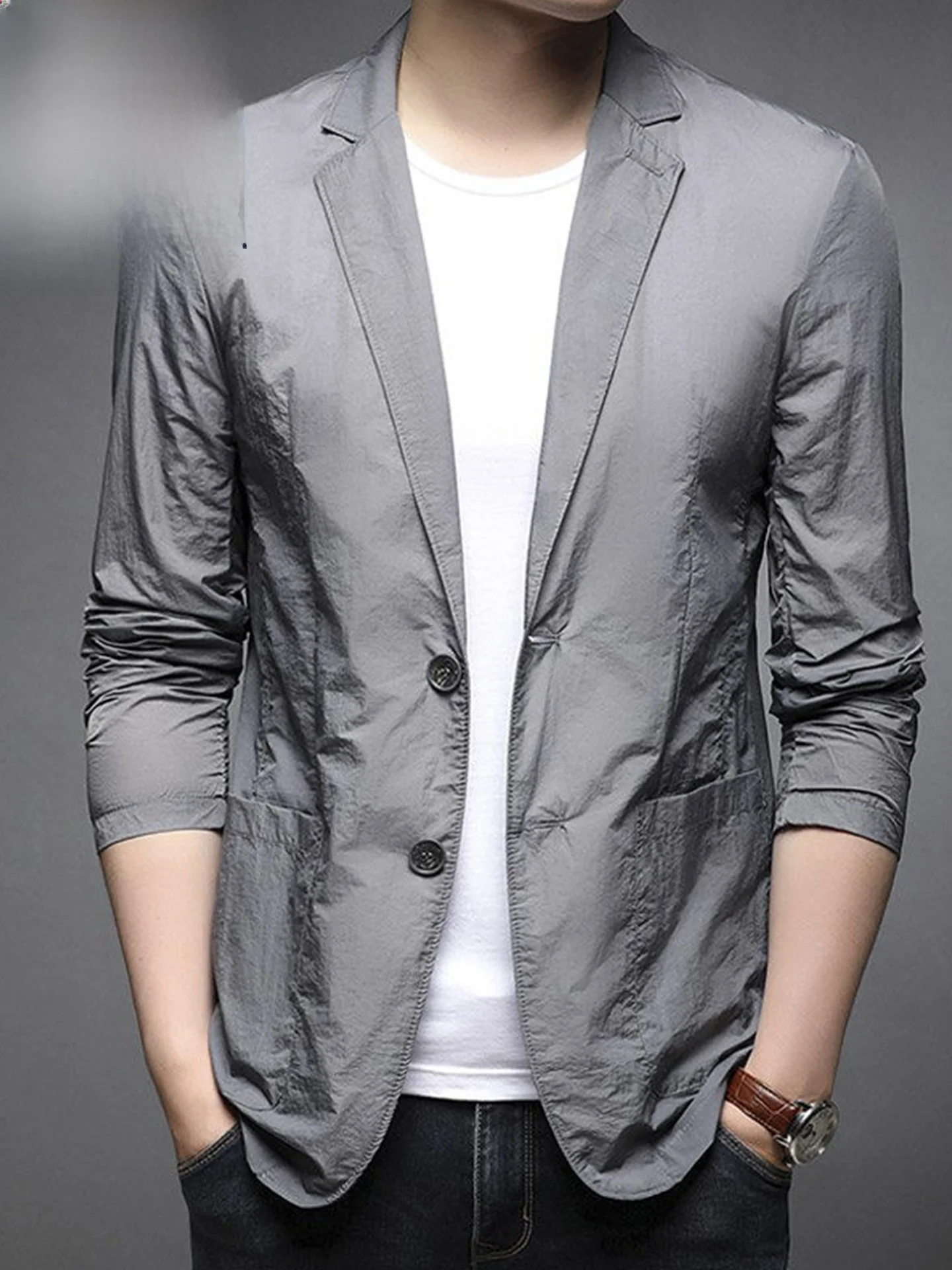 

Ультратонкая мужская повседневная модная летняя куртка из ледяного шелка, приталенного кроя, с длинными рукавами, на пуговицах, для делового и повседневного стиля