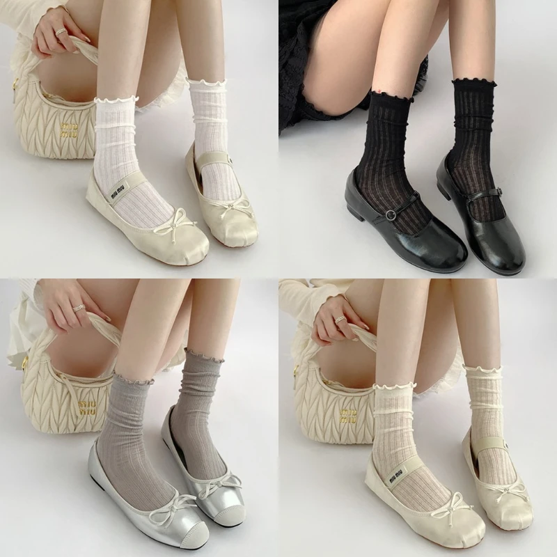 

Новые белые хлопковые носки, тонкие сетчатые дышащие носки, женские корейские модные милые милые носки с рюшами JK, средние носки