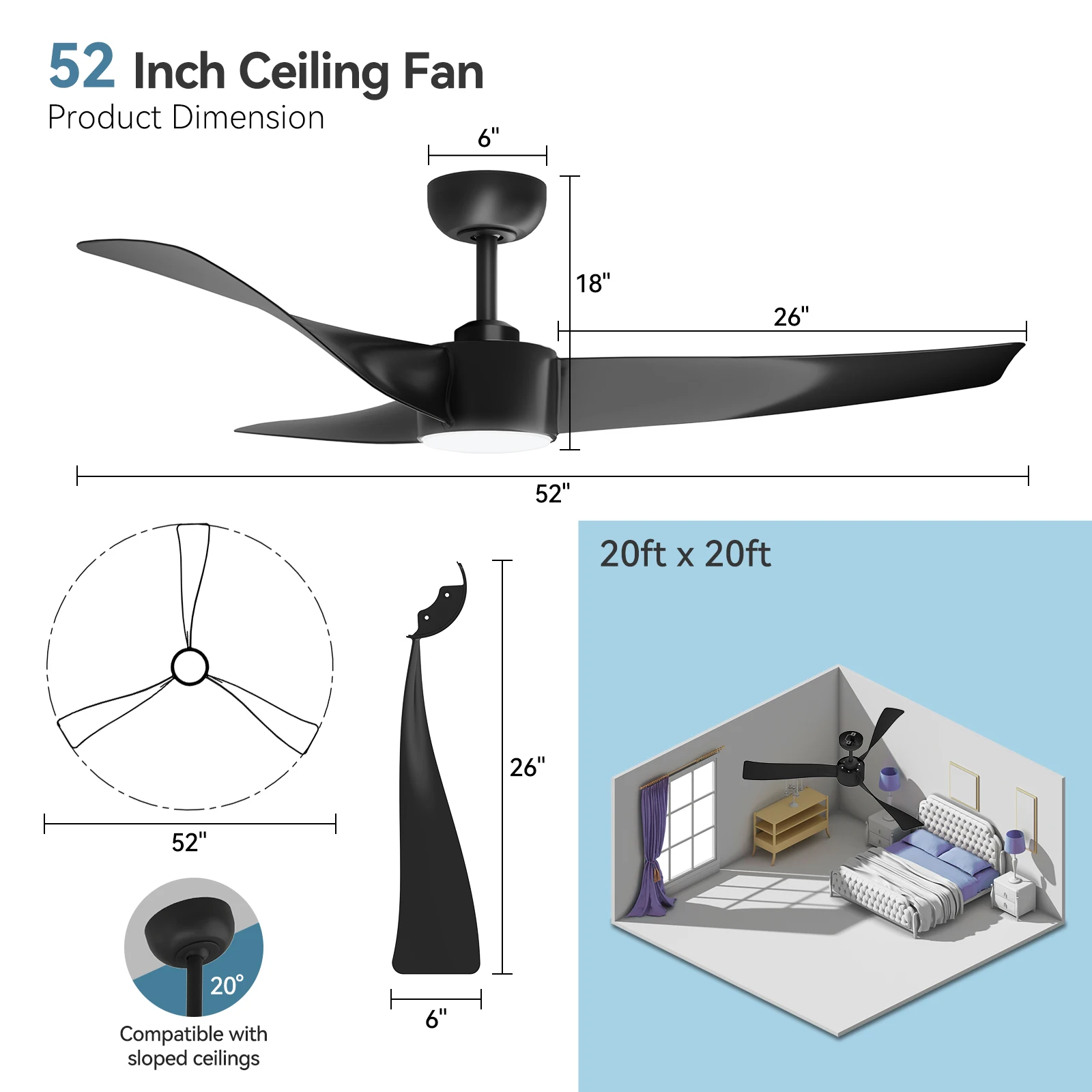 52 Inch Ceiling Fan with Light,Low Profile Ceiling Fan with Remote Controls 6 Speeds Reversible,3CCT Dimmable,Noiseless