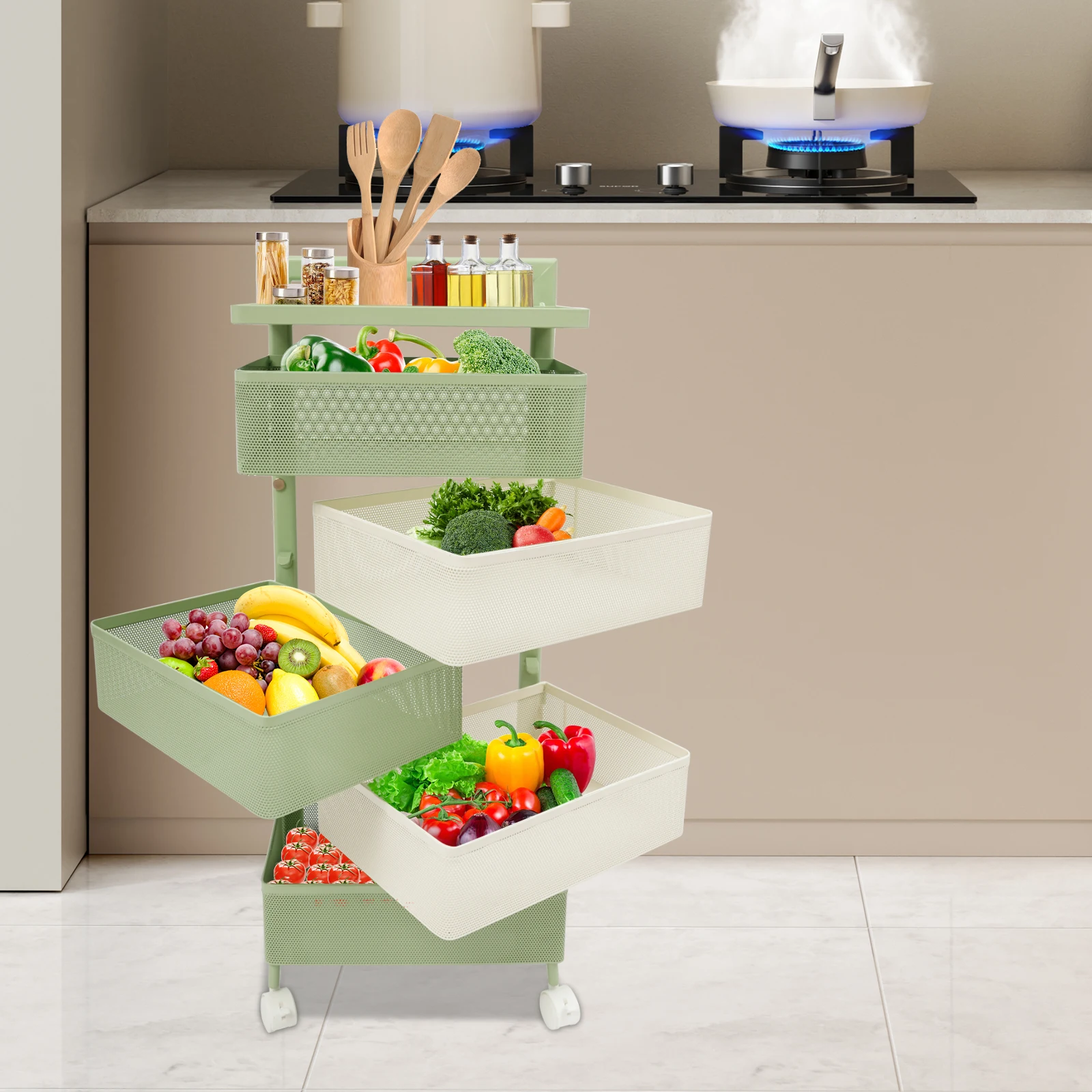 

Rotating Storage Rack with 4 Wheels, Kitchen Organizer with Rotating Basket, Rotating Kitchen Storage Cart for Storaging Spice Jars, Fruits, Vegetables