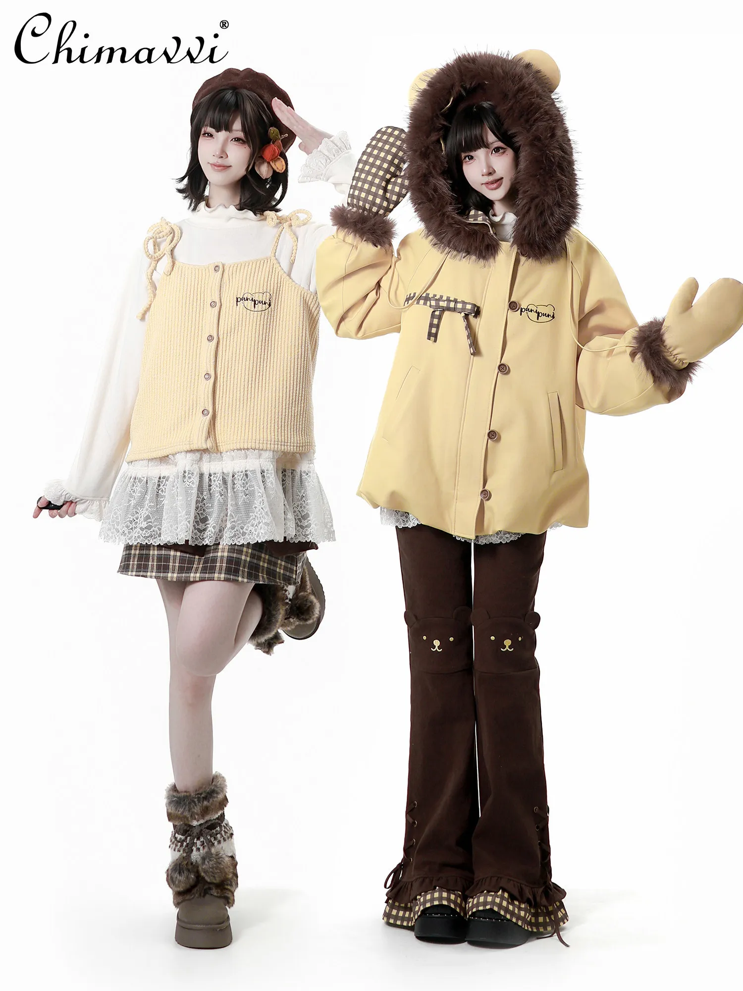 일본 스타일 귀여운 소녀 긴 소매 후드 퍼프 코튼 재킷 슬림 플레어 팬츠 겨울 신상 달콤한 여성 학생 긴 바지 세트