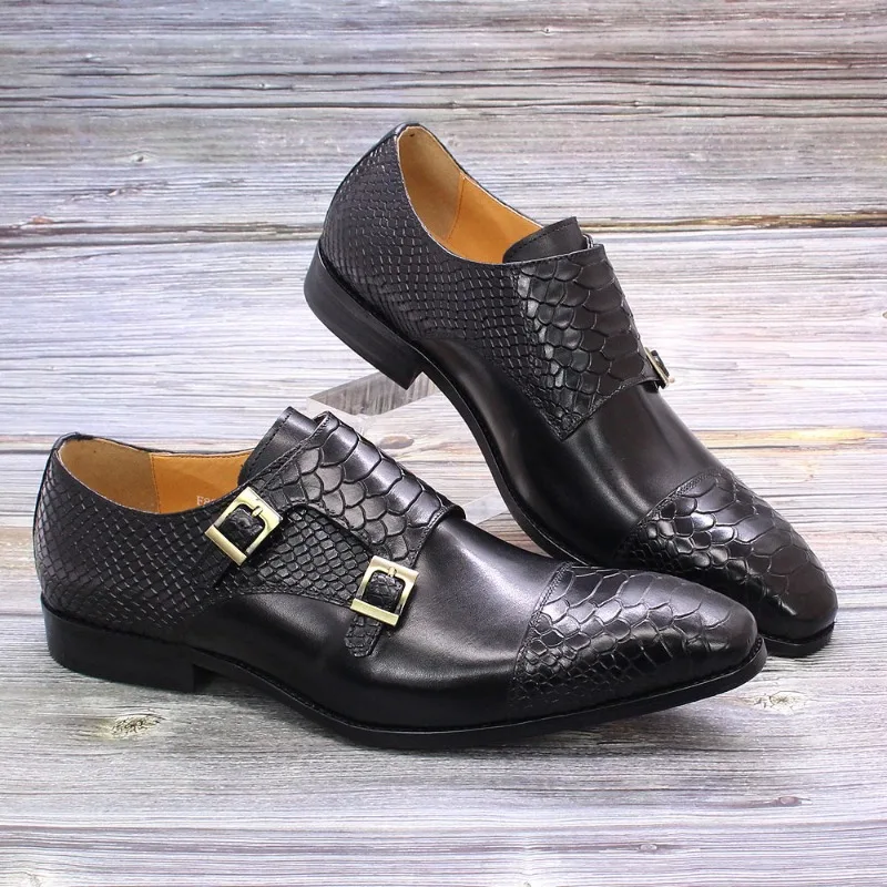 Men's Dress Shoes Size 39-46 New Wedding Banquet Business Casual Leather Retro Double Buckle Men's Shoes Snake Print Black