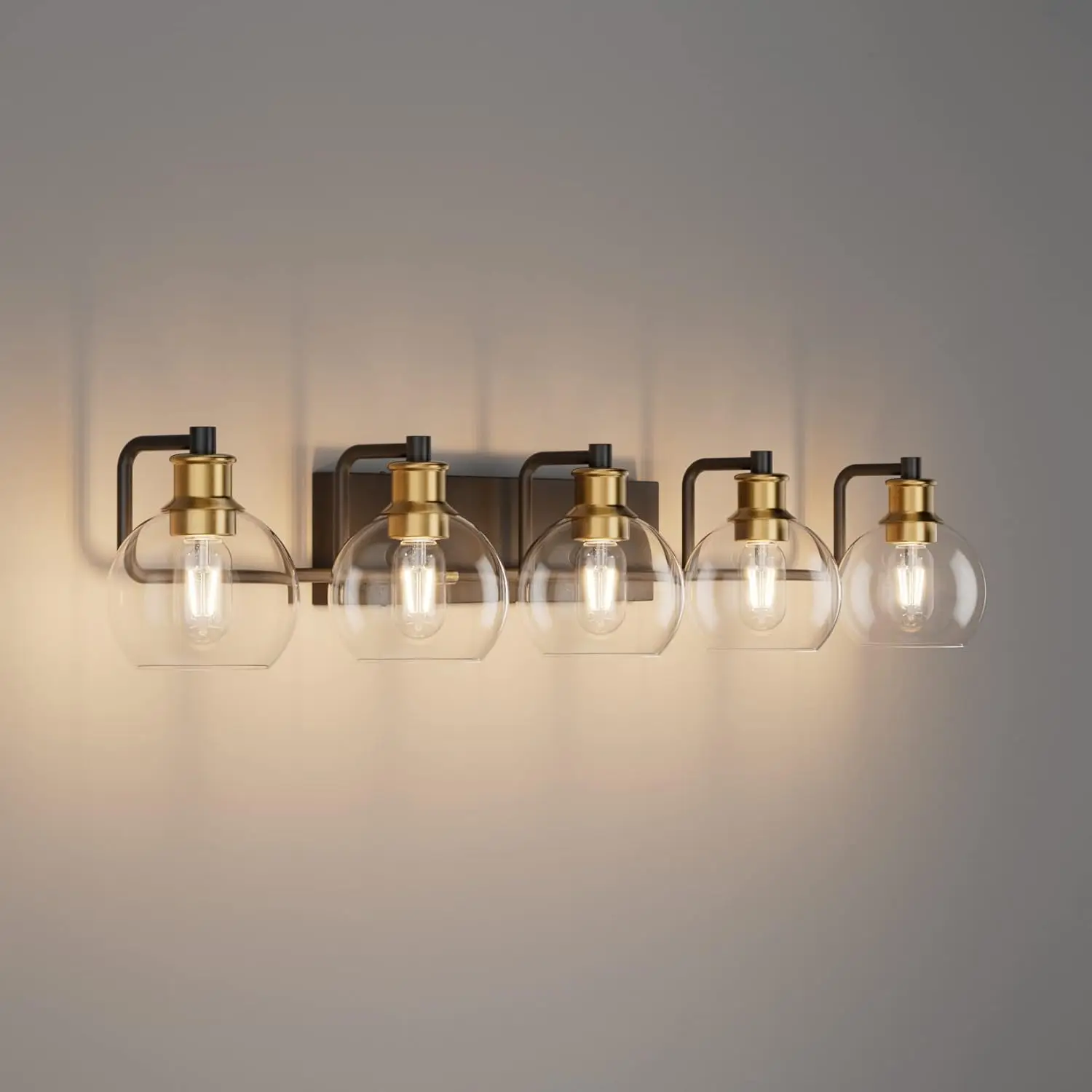 

5-Light Industrial Vanity Light, Black & Gold Bathroom Lighting with Clear Glass Shades, Farmhouse Wall Sconce