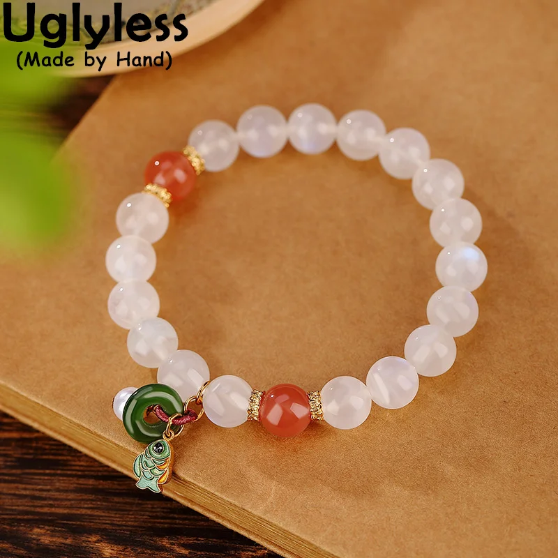 

Uglyless Shining Moonstone Bracelets Women Elegant Gemstones Jewelry Agate Jasper Stretch Beading Bracelets 925 Sterling Silver