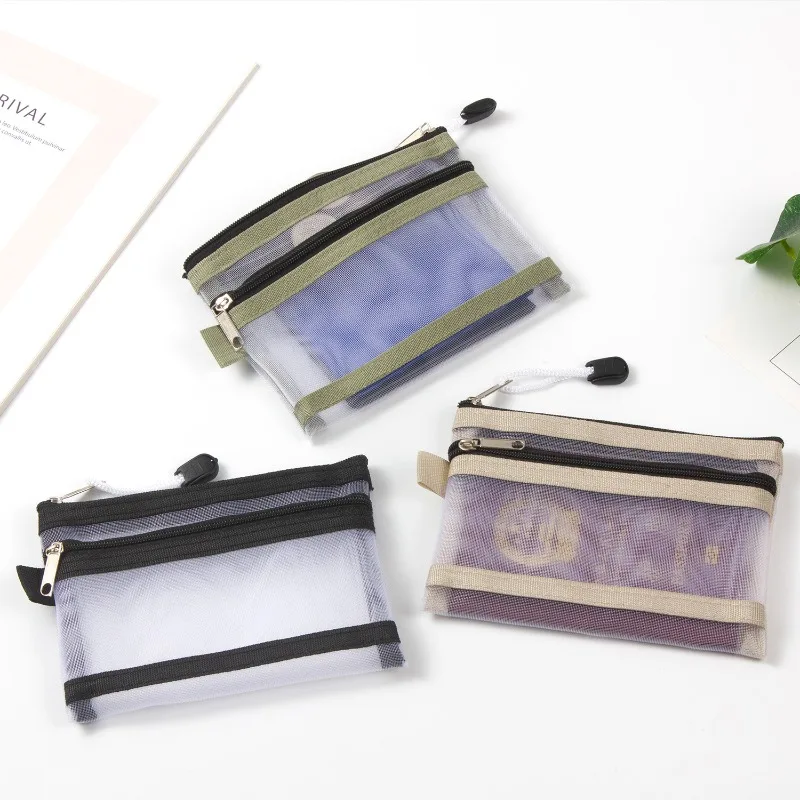 Zíper duplo mini transparente malha de náilon zíper moeda bolsa carteira cartão de crédito id saco batom bolsa linha dados chave fone de ouvido organizador